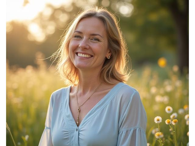 Fondatrice de Chemin Serein souriante dans un cadre naturel paisible