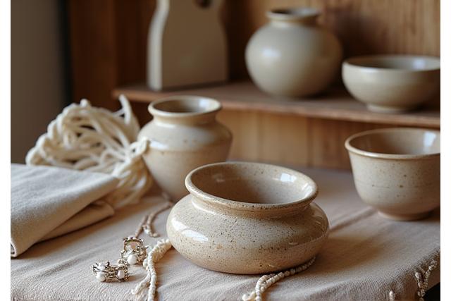 Objets d'artisanat français faits à la main, tels que des poteries ou des textiles, exposés dans une boutique raffinée.