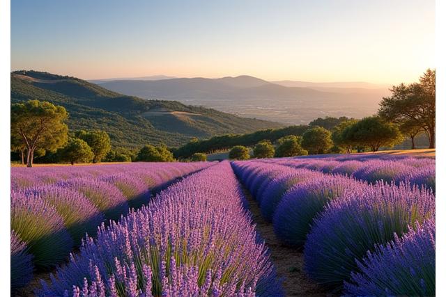 Paysage de Provence avec des champs de lavande pour représenter les voyages et retraites sereins.