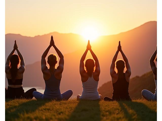 Groupe de personnes pratiquant le yoga au lever du soleil, entouré de nature luxuriante